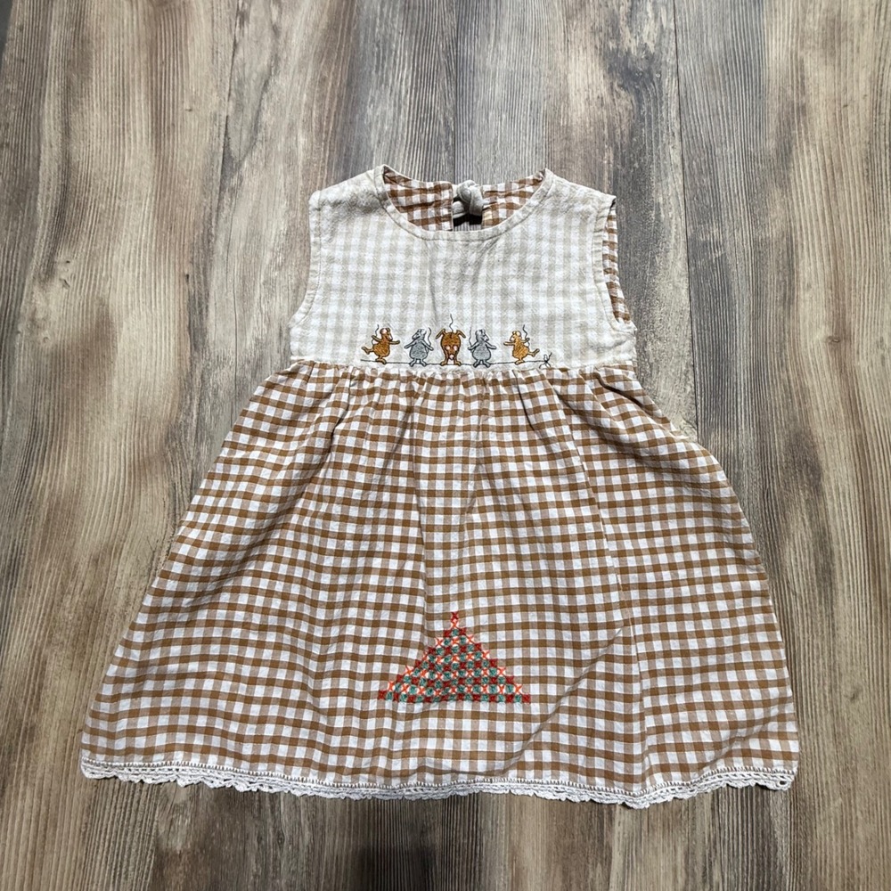 Baby Come Back Dress Brown Gingham Mouse Embroidery Cottagecore 1-2